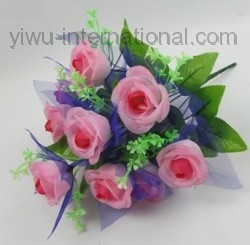 Yiwu Artificial Flower Producer sell 10 Heads Lover Rose with Muslin