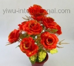 Yiwu Wholesale of Silk Flower sell 10 Heads With Golden Powder Rose